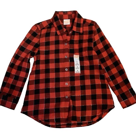 New Girls Size 4 Jumping Beans Red & Black Plaid Shirt with Long Sleeves - Picture 1 of 7